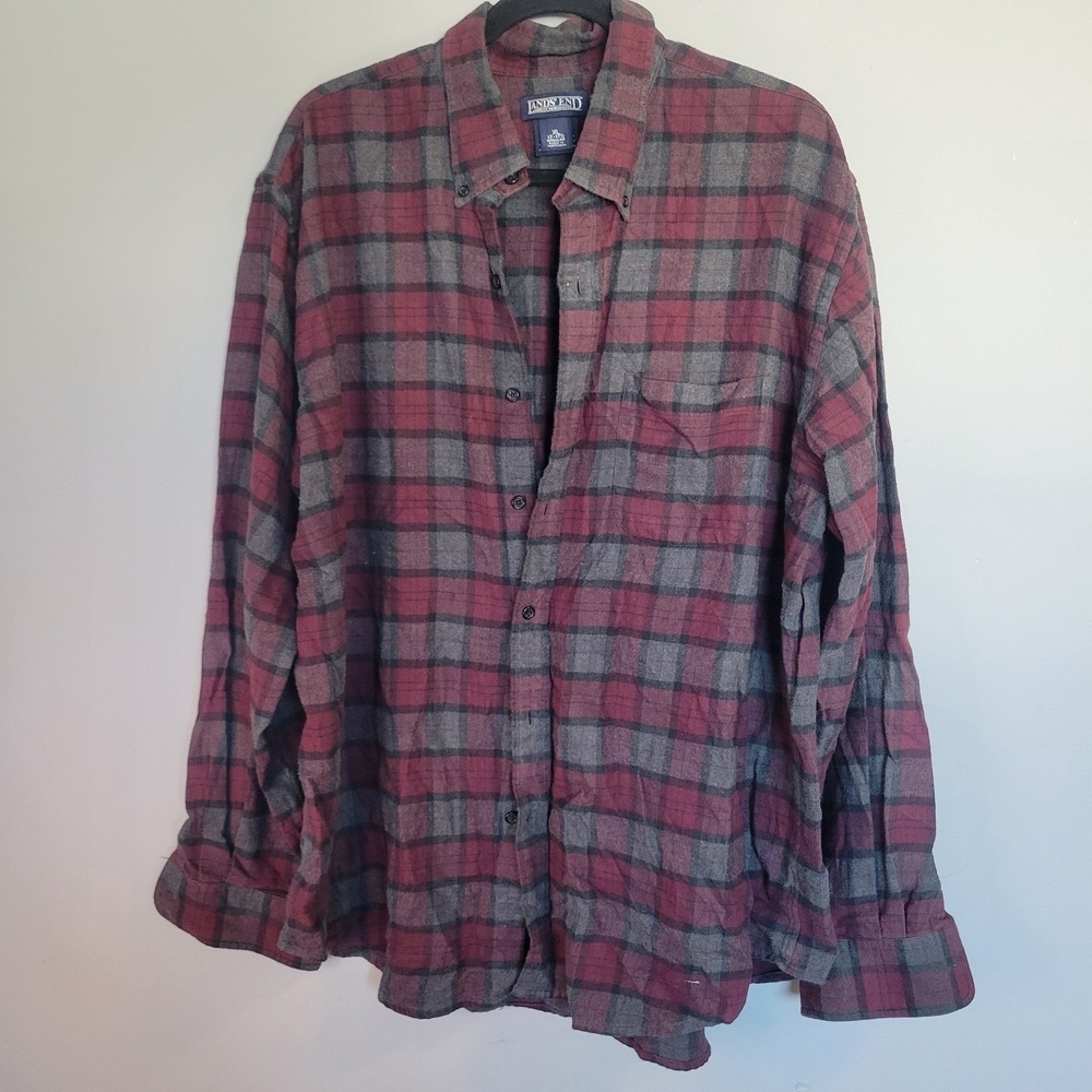 Lands End Mens XL Flannel Shirt Burgundy Gray Plaid Cotton Button Down